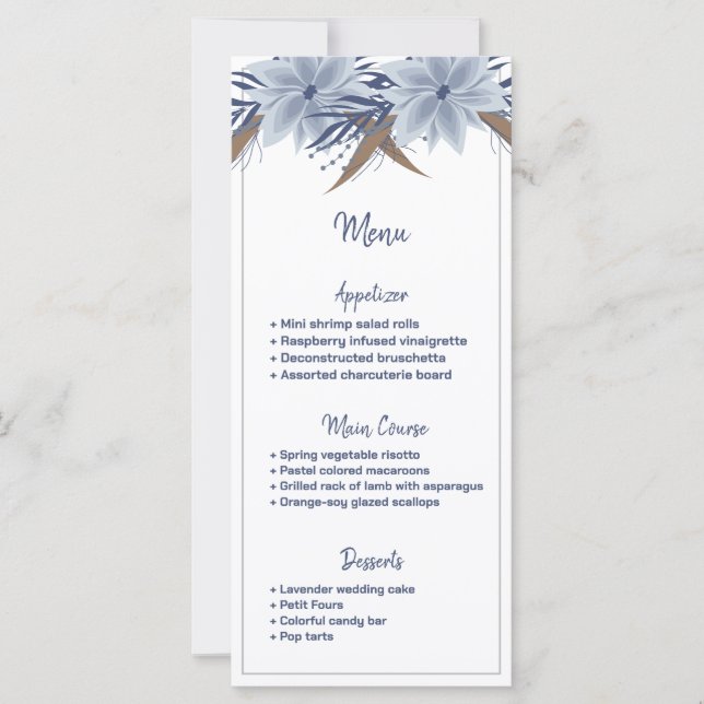 Simple and elegant blue floral | wedding menu (Front)