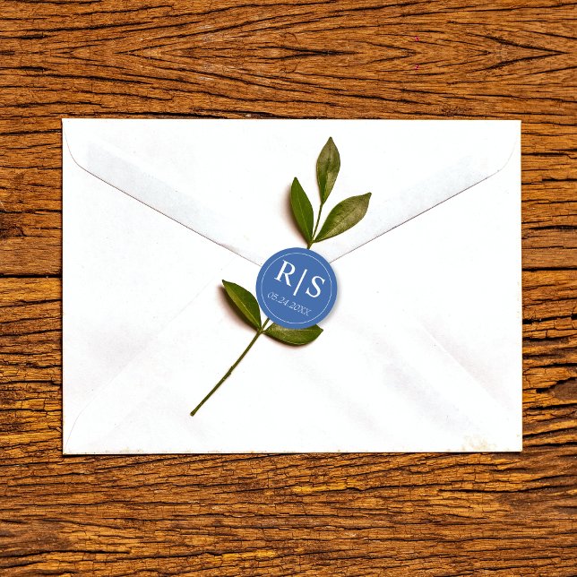 Simple and elegant blue monogram wedding classic round sticker (Creator Uploaded)