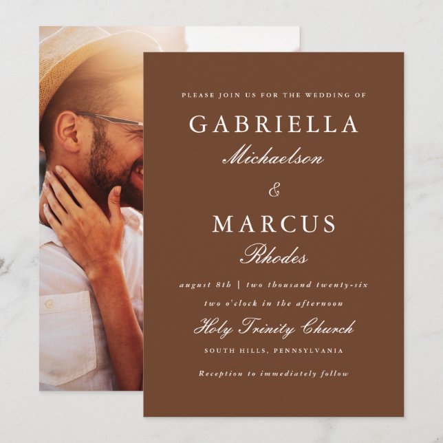 Simple and Elegant Brown Photo Wedding  Invitation (Front/Back)