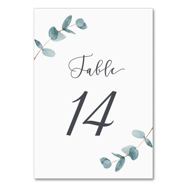 Simple and Elegant Eucalyptus Leaves Calligraphy Table Number (Front)