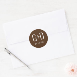 Simple and elegant initials brown wedding classic round sticker