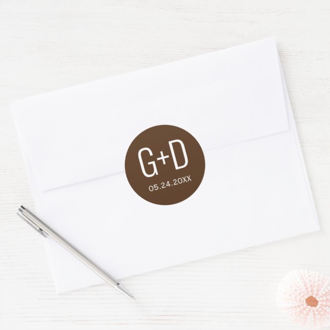 Simple and elegant initials brown wedding classic round sticker (Envelope)