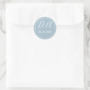Simple and elegant initials dusty blue weddingr classic round sticker