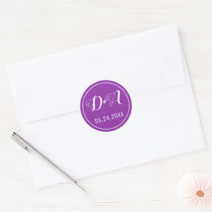 Simple and elegant initials purple wedding classic round sticker