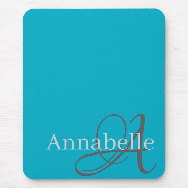 Simple and Elegant light blue Monogram and Name  Mouse Pad (Front)