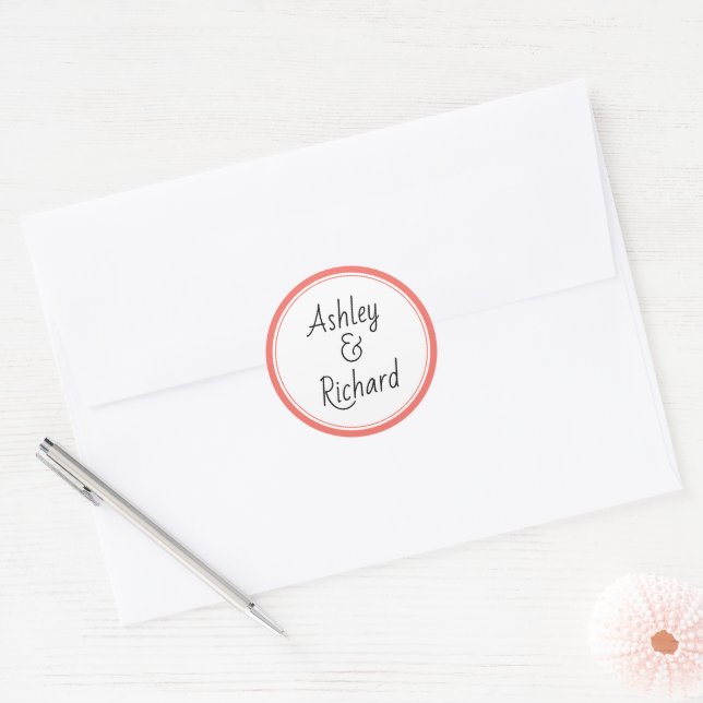 Simple and elegant names living coral wedding classic round sticker (Envelope)