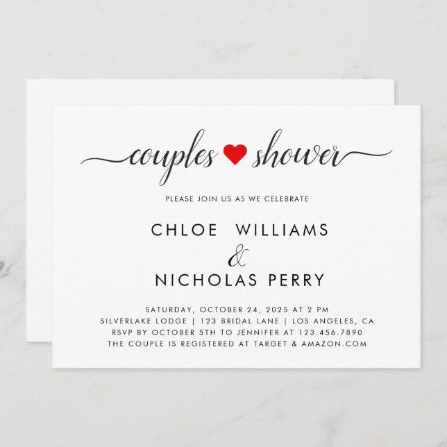 Simple and elegant red heart couples shower invitation (Front/Back)