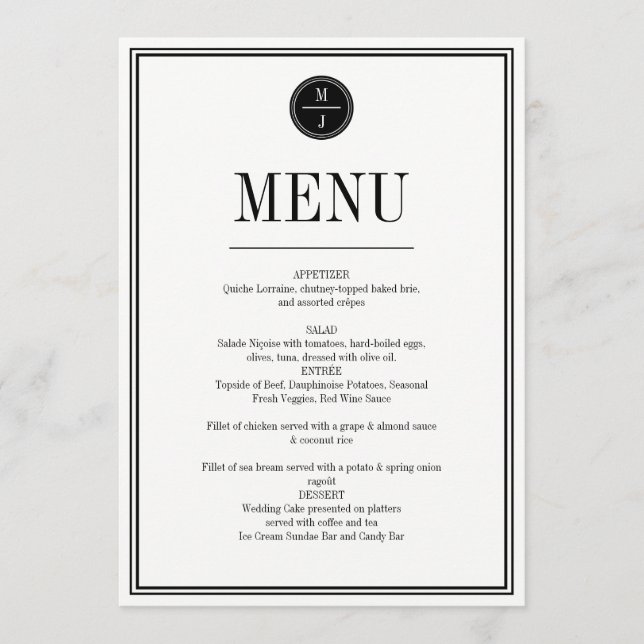 Simple and Elegant Wedding Menu Card (Front)
