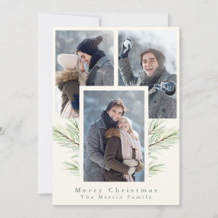 Simple and Festive Greenery Ivory Three Photo Holiday Card