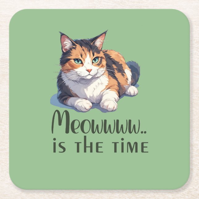  Simple And Funny Cat coaster on Green Background  (Front)