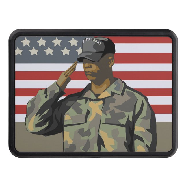 Simple and Modern American Flag & Saluting Soldier Trailer Hitch Cover (Front)