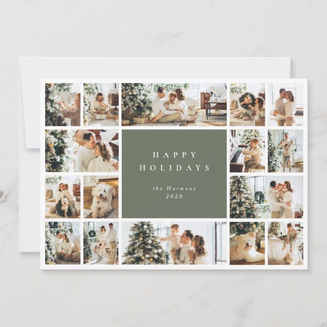 Simple and Modern Green Multi Photo Holiday Card (Front)