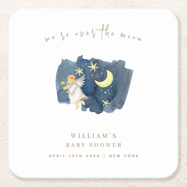 Simple Angel Moon Star Baby Shower  Square Paper Coaster (Front)