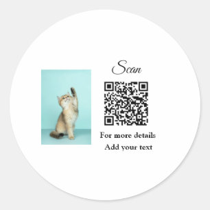 Simple animal name details QR code add text photo Classic Round Sticker