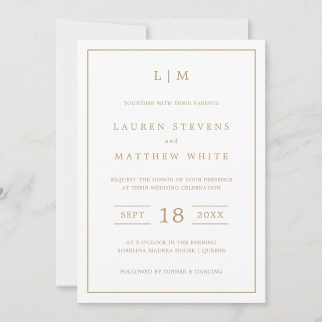 Simple Antique Gold Monogram Elegant Wedding Invitation (Front)