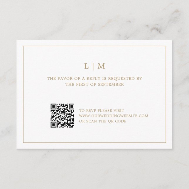Simple Antique Gold Monogram QR Code Wedding RSVP Card (Front)
