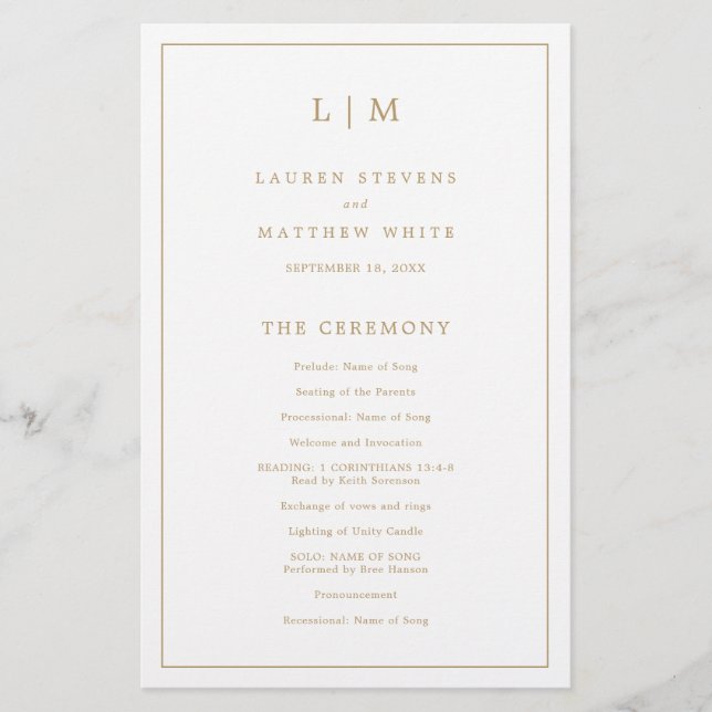 Simple Antique Gold Monogram Wedding Program (Front)