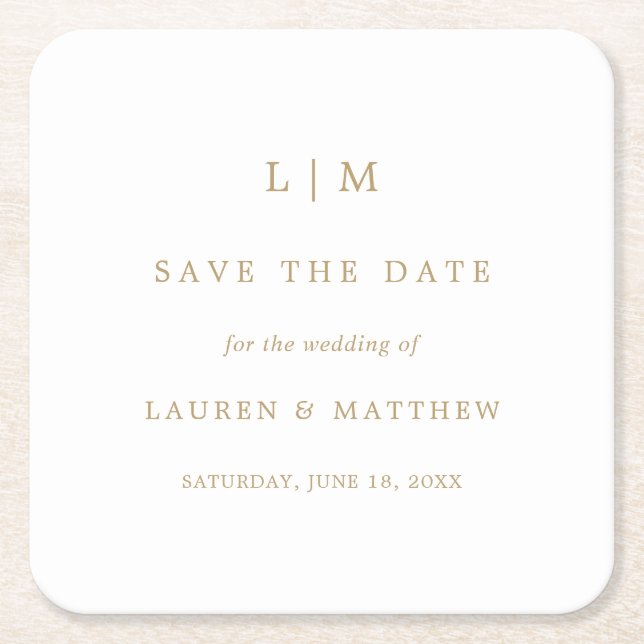 Simple Antique Gold Monogram Wedding Save the Date Square Paper Coaster (Front)
