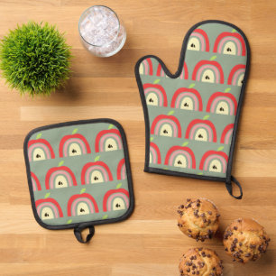 Simple Apple Rainbow Fruit Pattern Sage Green Oven Mitt & Pot Holder Set