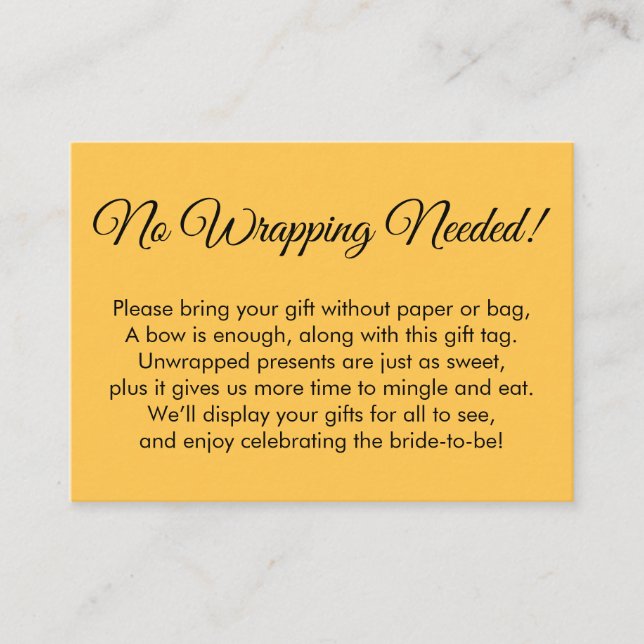 Simple Apricot "No Wrapping Needed" Bridal Shower Enclosure Card (Front)