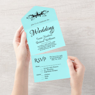  Simple Aqua and Black Tri Fold w Rsvp Wedding All In One Invitation