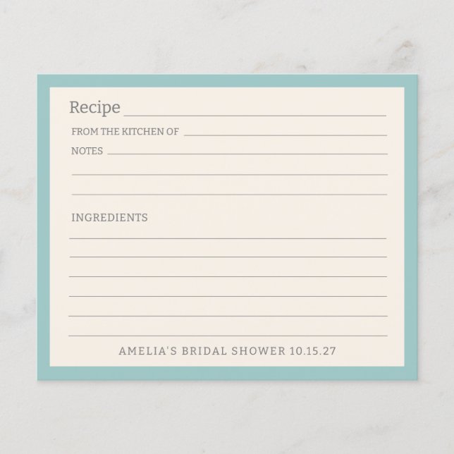 Simple Aqua Blue Border Personalized Recipe Card (Front)