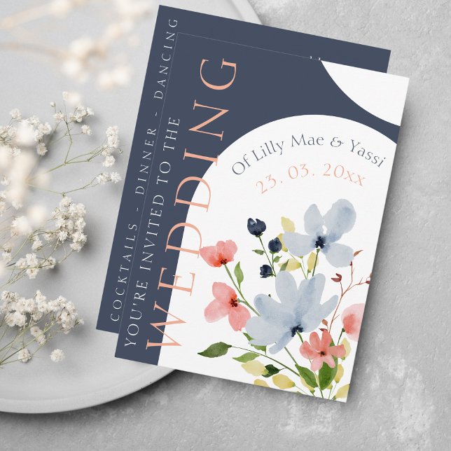 Simple Arch Blue and Pink Floral Wedding Invitation (Creator Uploaded)