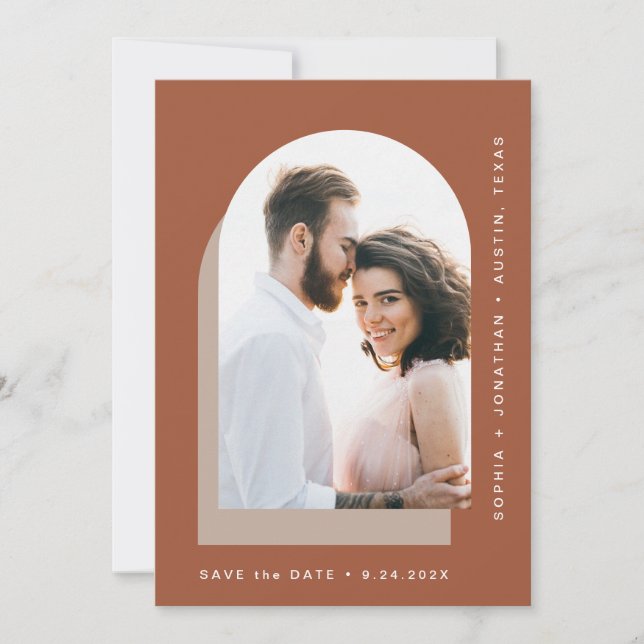 Simple Arch | Modern Two Photo Terracotta Save The Date (Front)