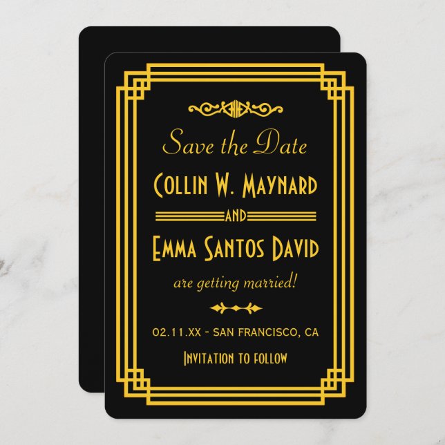 Simple Art Deco Black and Gold Save The Date Invitation (Front/Back)