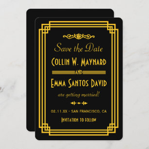 Simple Art Deco Black and Gold Save The Date Invitation
