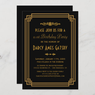 Simple Art Deco Black Birthday Party Invites