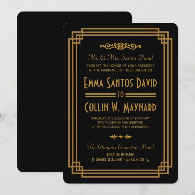 Simple Art Deco Black Wedding Invitations (Front/Back)
