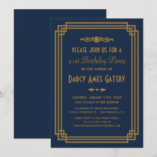 Simple Art Deco Navy Birthday Party Invites