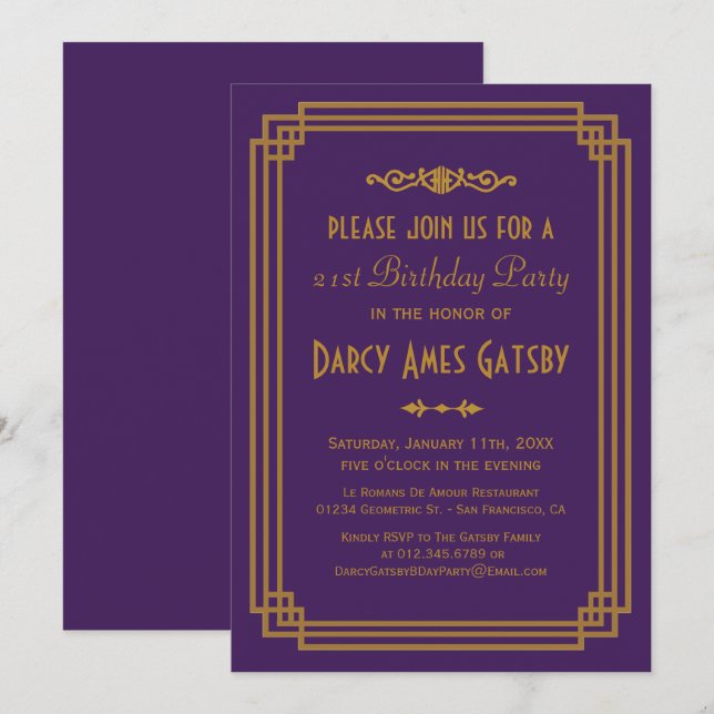 Simple Art Deco Purple Birthday Party Invitations (Front/Back)