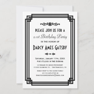 Simple Art Deco White & Black Birthday Party Invitation