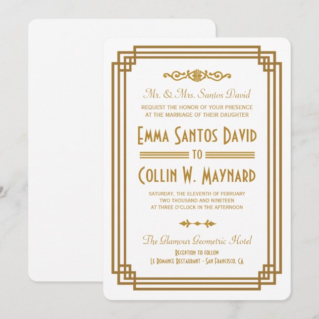 Simple Art Deco White Wedding Invitations (Front/Back)