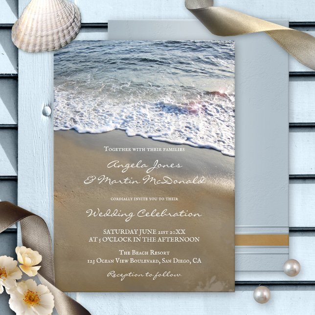 Simple Artistic Beach or Destination Wedding Invitation (Elegant yet simple wedding invitation featuring an artistic design of waves flowing on the beach)