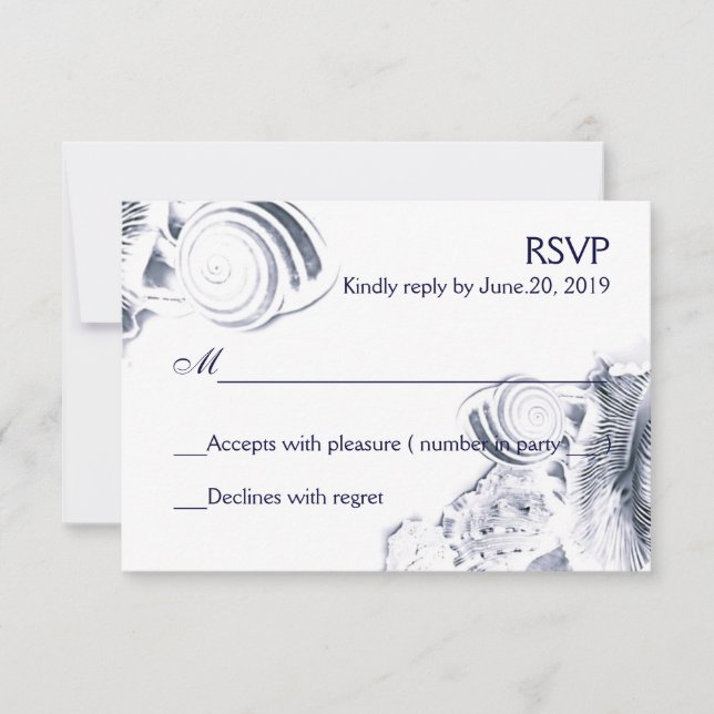Simple Artistic Navy Blue Seashells RSVP (Front)