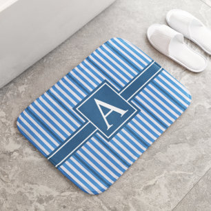Simple Asst Sizes Blue and White Stripes Monogram Bath Mat