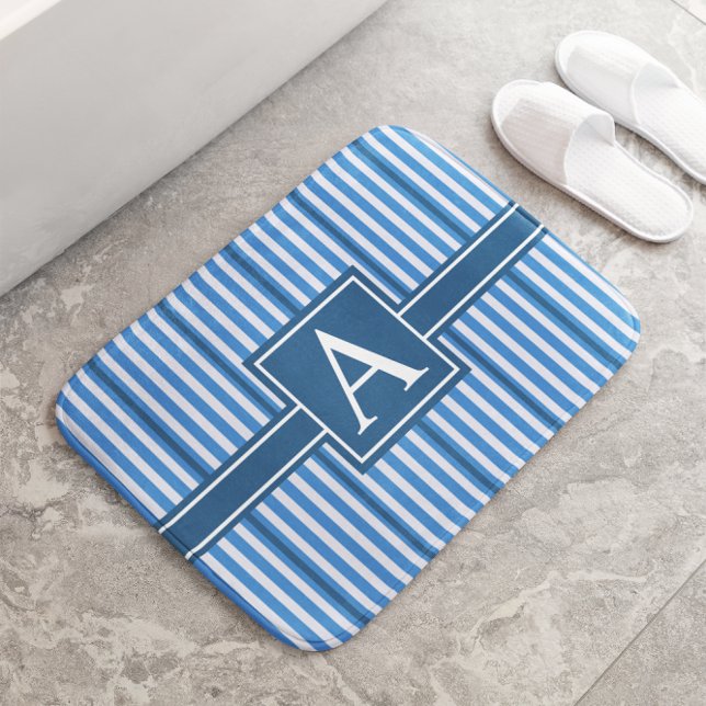 Simple Asst Sizes Blue and White Stripes Monogram Bath Mat (Creator Uploaded)