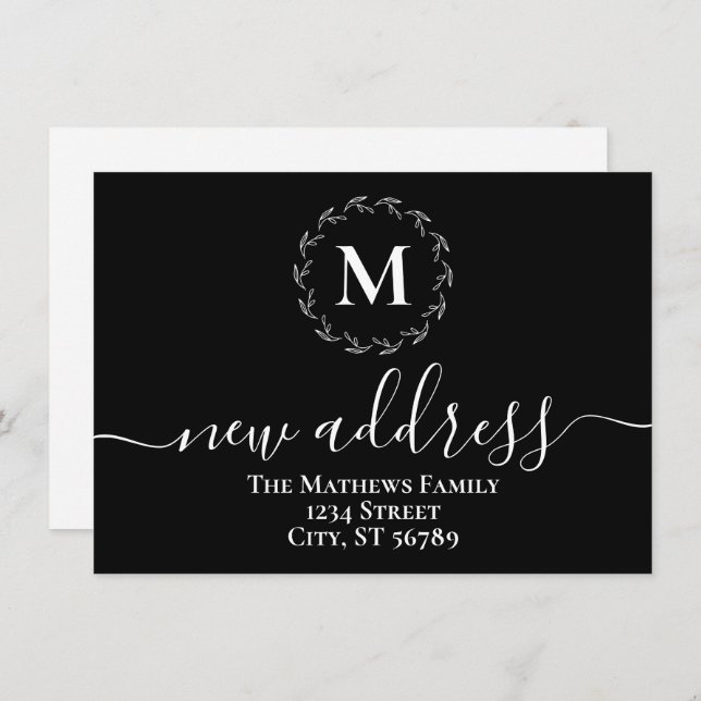 Simple B&W Botanical Wreath Monogram New Address Announcement (Front/Back)