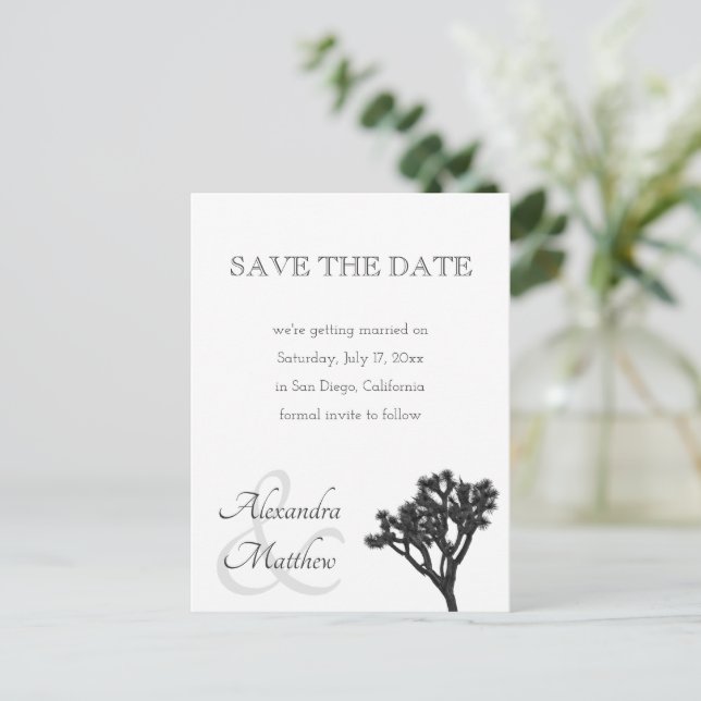 Simple B&W Joshua tree Wedding Save The Date Announcement Postcard (Standing Front)