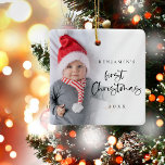 Simple Baby 1st Christmas Script Name Year Photo Ceramic Ornament<br><div class="desc">Simple Baby 1st Christmas Script Name Year Photo. A playful set script for First Christmas and the rest of the text is easy to personalise with your baby's name and the year. Replace the sample photo with your own. A gradient overlay layer is on top of your photo so it...</div>