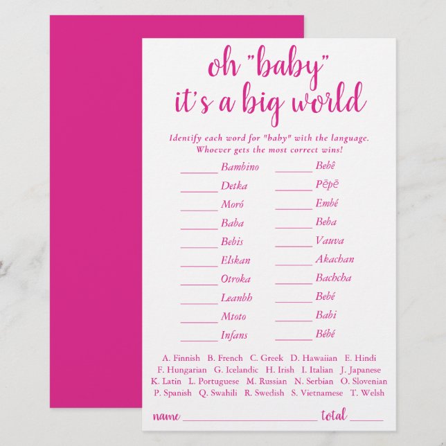 Simple Baby Around the World | Hot Pink Quiz Card (Front/Back)