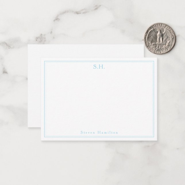 Simple Baby Blue 2 Monogram Name Minimal Border Card (Front/Back In Situ)