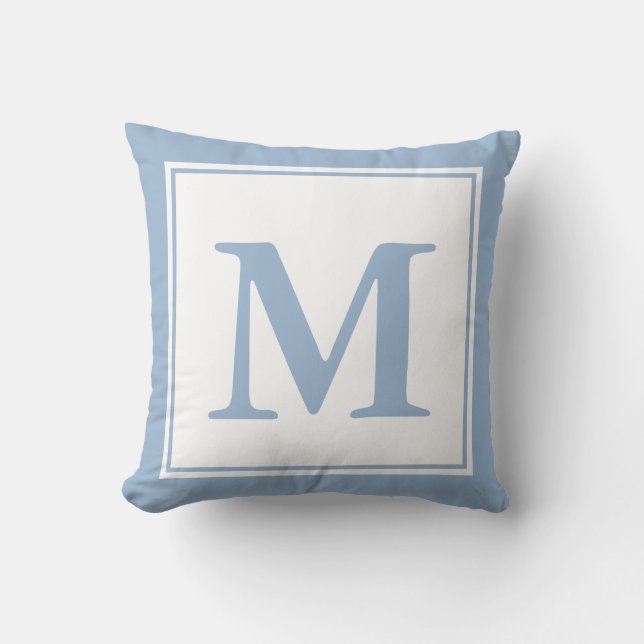 Simple Baby Blue and White Monogrammed Throw Pillow (Front)