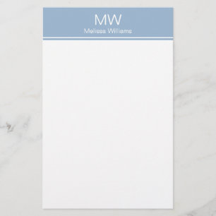 Simple Baby Blue and White Name with Monogram Stationery
