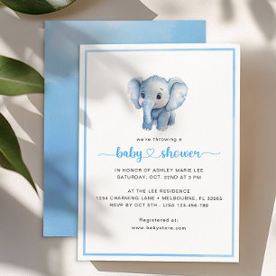 Simple Baby Boy Shower Watercolor Elephant  Invitation