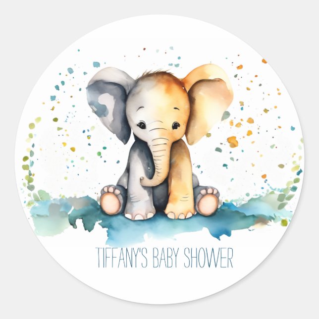 Simple Baby Elephant with Mommy's Name Baby Shower Classic Round Sticker (Front)