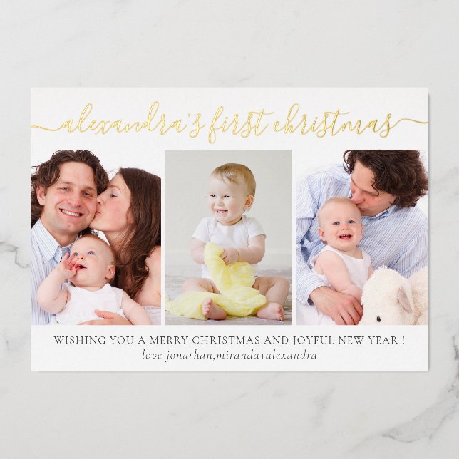 Simple Baby First Christmas Photo Collage Gold Foil Holiday Card (Front)